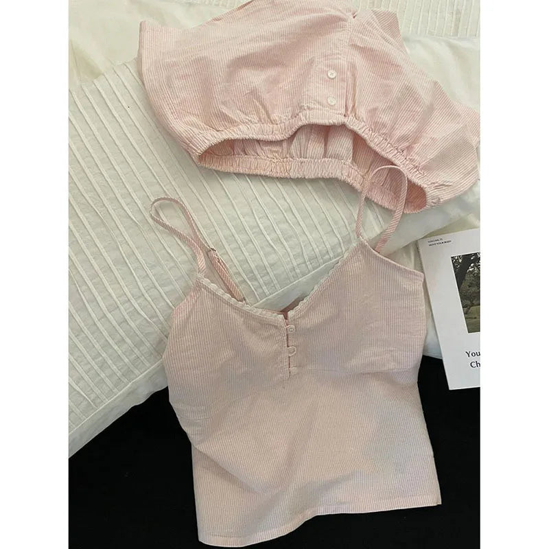 Lace Sleepwear Women Pajama Sets Striped Korean Piiama Summer Shorts Sets 2 Pieces Spaghetti Strap Night Wears Pink Home Suit