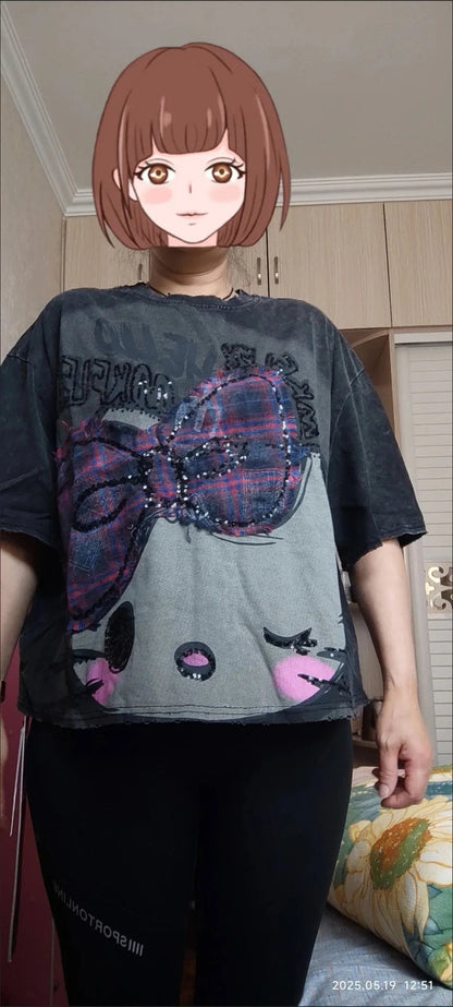 Y2K Hello Kitty Girls Short Sleeve Anime Sanrios Cartoon Cute Summer Sweet Cotton Women T-Shirt Kawaii Casual Loose Trend Tops Badiee Stylez