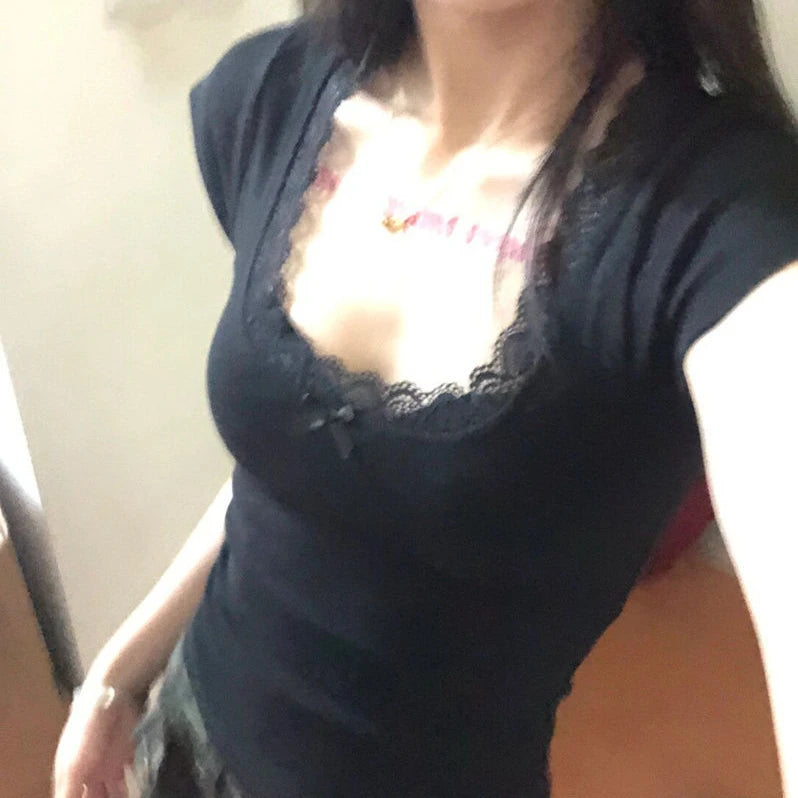 2025 Y2k Aesthetic Lace Patchwork Crop Top Streetwear Harajuku Women Vintage U Neck T-shirt Streetwear Bow Bottoming Grunge Tees Black