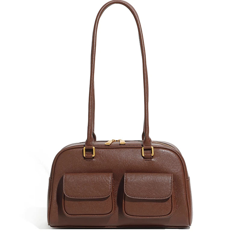 Burminsa Cowhide Genuine Leather Underarm Shoulder Bags For Women 2025 Luxury Designer Korean Bowling Tote Work Ladies Handbags Dark Brown