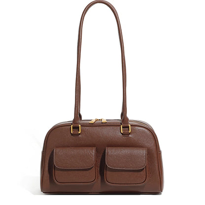 Burminsa Cowhide Genuine Leather Underarm Shoulder Bags For Women 2025 Luxury Designer Korean Bowling Tote Work Ladies Handbags Dark Brown