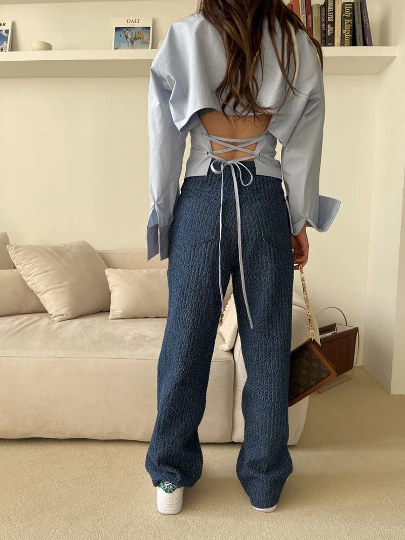 Gidyq Korean Bandage Shirt Women Fashion Backless Sexy Blouse Office Ladies Casual Slim Chic Turn Down Collar Long Sleeve Tops