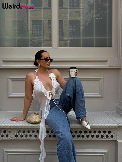 Weird Puss Ruffles Flowers Tank Tops Women Mesh Summer Sexy Deep V-Neck Irregular Tassel Halter Backless Camisole Wild Street