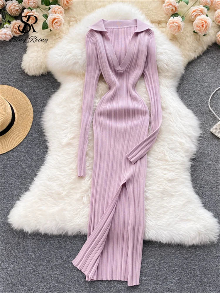 SINGREINY Women Korean Knitted Dress Long Sleeve V Neck Elastic Slim Pencil Dresses 2021 Autumn Sexy Bodycon Split Sweater Dress light purple One Size
