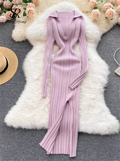 SINGREINY Women Korean Knitted Dress Long Sleeve V Neck Elastic Slim Pencil Dresses 2021 Autumn Sexy Bodycon Split Sweater Dress light purple One Size