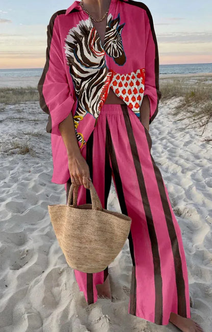 Summer Women New Casual Print Two-piece Set Clothing Seaside Tropical Vacation Style Printed Lapel Shirt + Wide-leg Trousers Set W996402