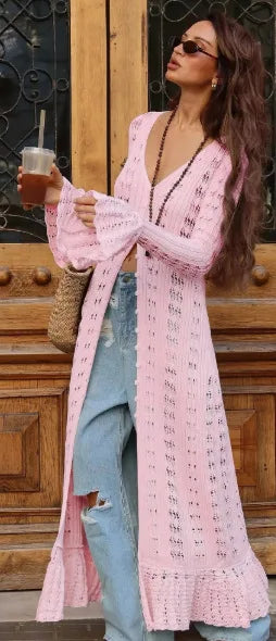 DSMTRC 2025 Holiday Knitted See-throught Cardigan Dress V Neck Long Flare Sleeves Leisure Long Trendy Single Breasted Autumn Pink