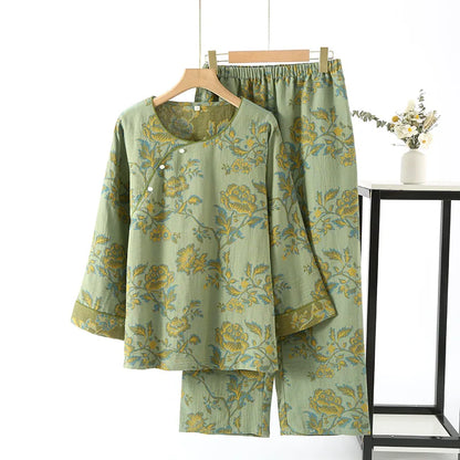 Chinese Style Women's Pajamas, Pure Cotton, Retro Color, Woven Jacquard, Home Clothing, Long Sleeves Trousers, Diagonal Collar Carla-Green