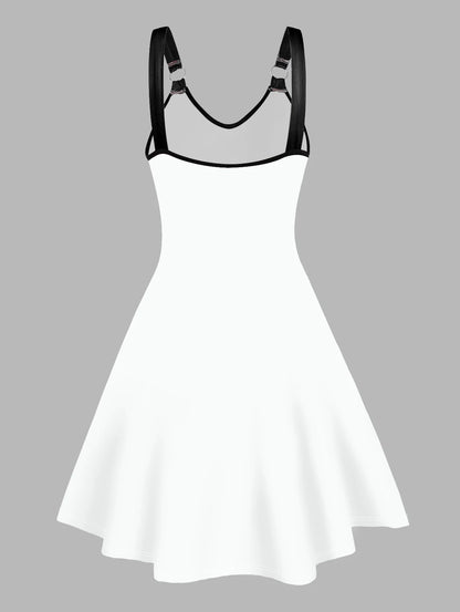 Dressfo Women's Summer Dresses Halloween Rose Injured Skull Print Hem V Neck Dress O Ring Straps Sleeveless A Line Tank Dress