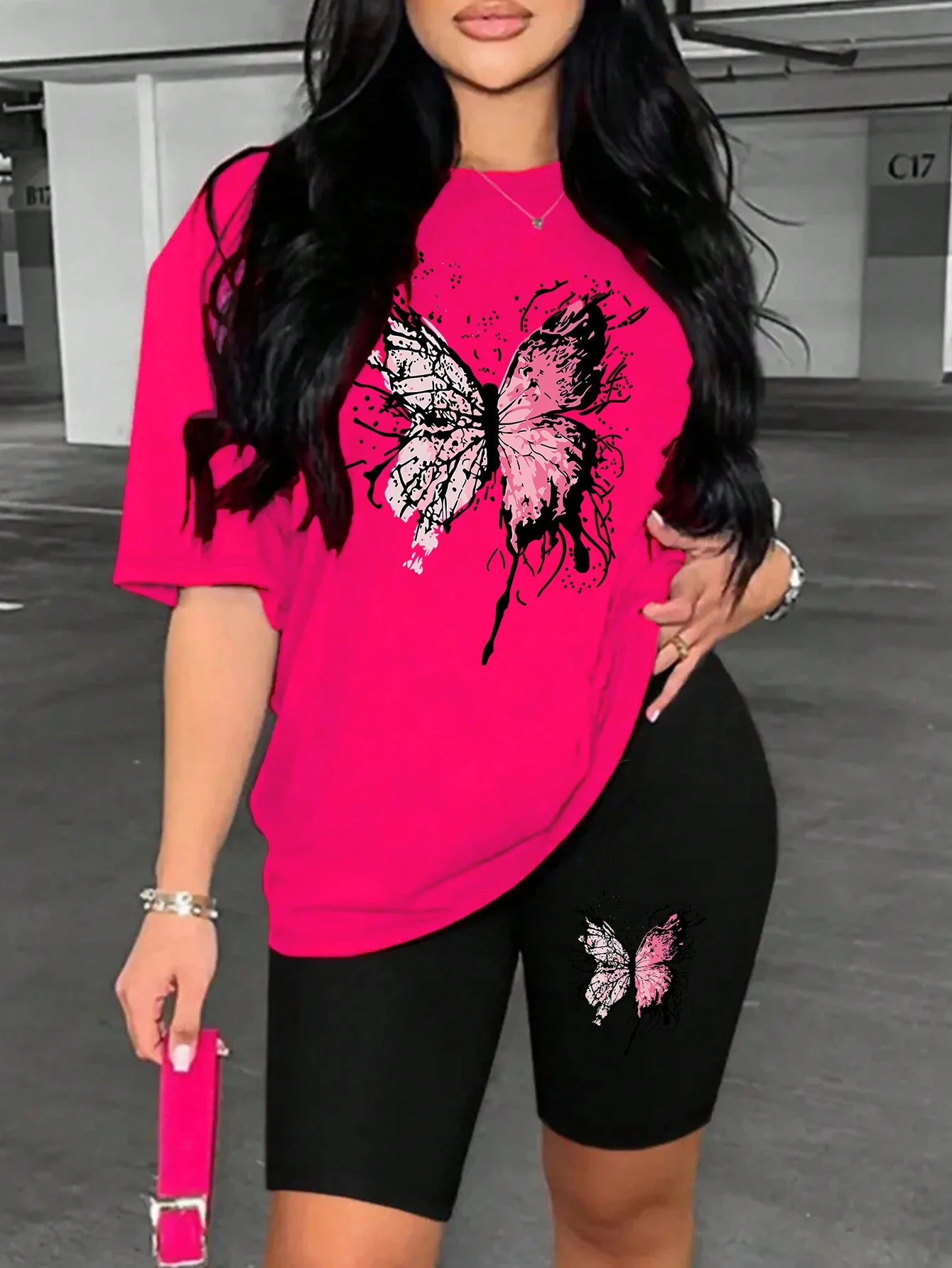 Beautiful Butterfly Pattern Print For Women Short Sleeved Shorts Set Soft Essential Two Piece Set Sports Comfortable Shorts Sets Rose Red-Black