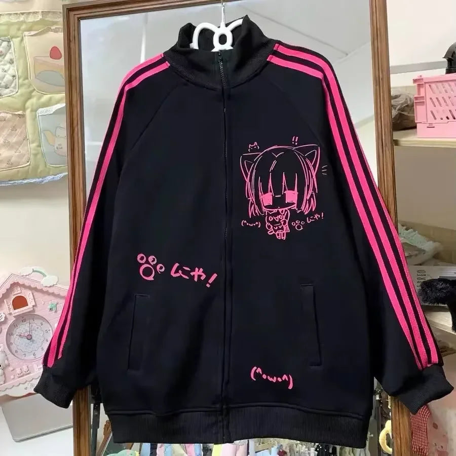 Black Cute Sweatshirts Coat Women's Clothing Stand Neck Zipper Jackets Y2k Tops Fashion Casual Hoodies Ropa Mujer Chic 985 Black