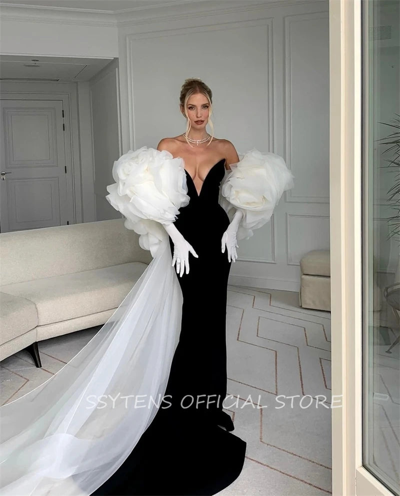 Black Evening Dresses for Women Customized Luxury White 3D Flower Jacket Formal Occasion Dress Floor Israel Long Prom Gowns Badiee Stylez