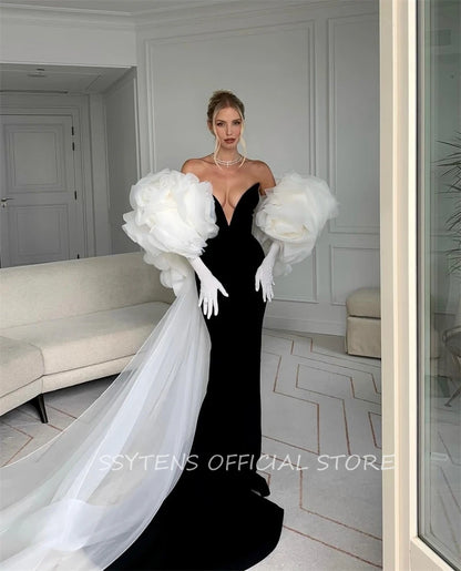 Black Evening Dresses for Women Customized Luxury White 3D Flower Jacket Formal Occasion Dress Floor Israel Long Prom Gowns Badiee Stylez