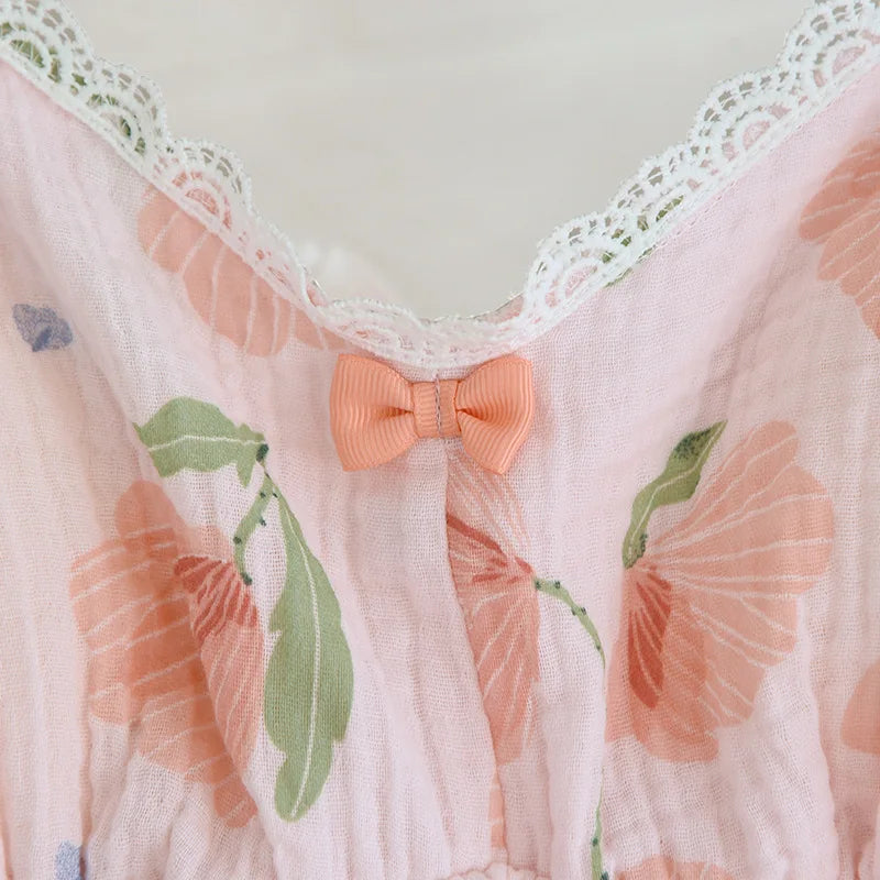 2025 New Summer Women's Pajama Set 100% Cotton Suspenders+Shorts with Chest Pads Two Piece Set of Ladies Flower Home Furnishings
