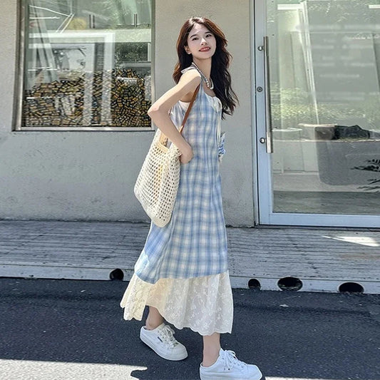 Women Plaid Fake Two Piece Suspender Dress Women Summer Retro Loose Long Lace Patchwork Plaid Sleeveless Dress for Women 2025