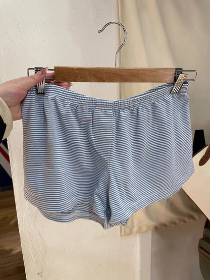 Blue Striped Tank Shorts Pajama Set Women Summer Sleeveless Crop Top+Elastic Waist Straight Short Pant Cotton Home 2 Piece Sets Only shorts One Size