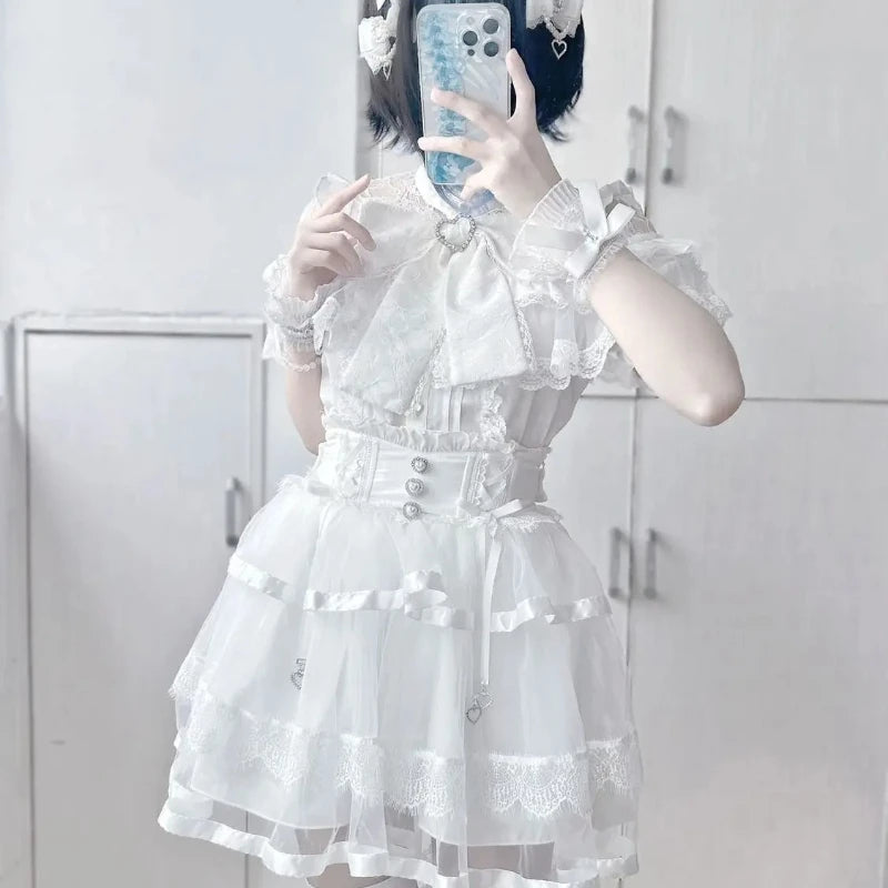 Japanese Kawaii Lolita Lace Patchwork Women Blouses 2025 Summer Harajuku Single Breasted Sweet Shirts Girly JK Bow Tops & Tees