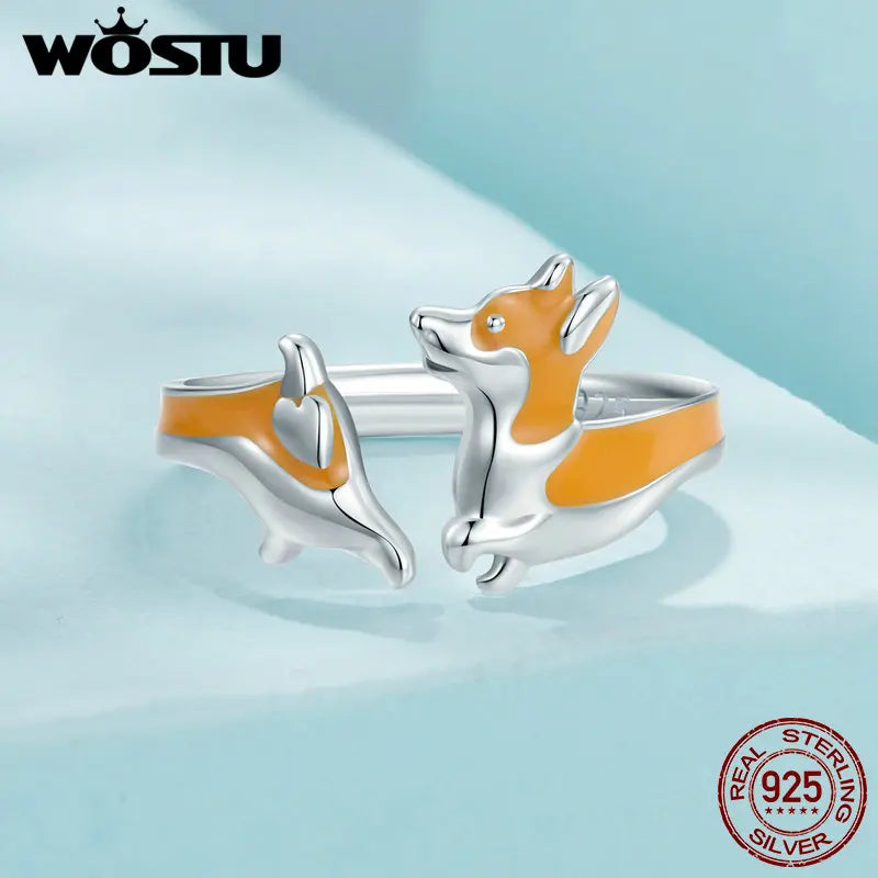 WOSTU 925 Sterling Silver Cat Pet Adjustable Rings For Women Animal Dog Open Ring Family Daughter Birthday Jewelry Girl Gift