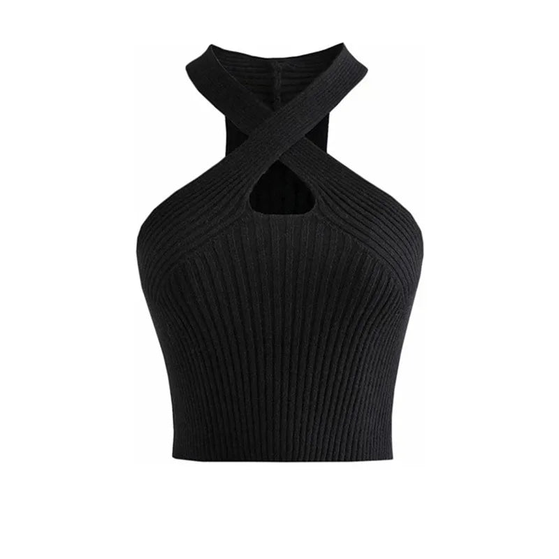 Women Halter Tops Sports Vest Female Knitted Off Shoulder Crop Tops Cross Strappy Sexy Tank Tops For Women 2023 Summer y2k