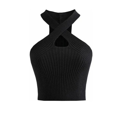 Women Halter Tops Sports Vest Female Knitted Off Shoulder Crop Tops Cross Strappy Sexy Tank Tops For Women 2023 Summer y2k