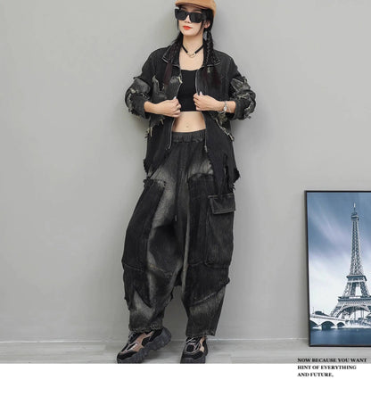 Trendy Cool Pant Set Women Autumn Vintage Denim Patchwork Long Sleeve Irregular Jacket + Harem Pants Two-Piece Set LX4331 Badiee Stylez