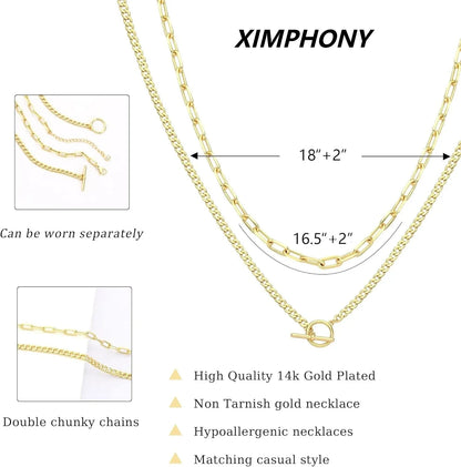 Gold Layered Necklace for Women K Gold Plated Necklace Women Cuban Link Paperclip Chain Toggle Clasp Necklace Jewelry for Women