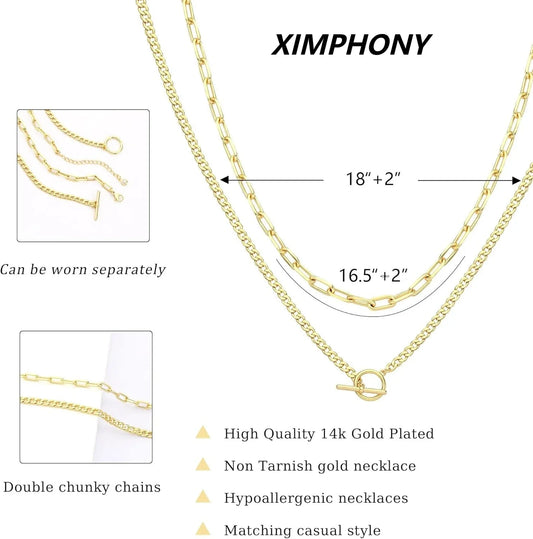 Gold Layered Necklace for Women K Gold Plated Necklace Women Cuban Link Paperclip Chain Toggle Clasp Necklace Jewelry for Women