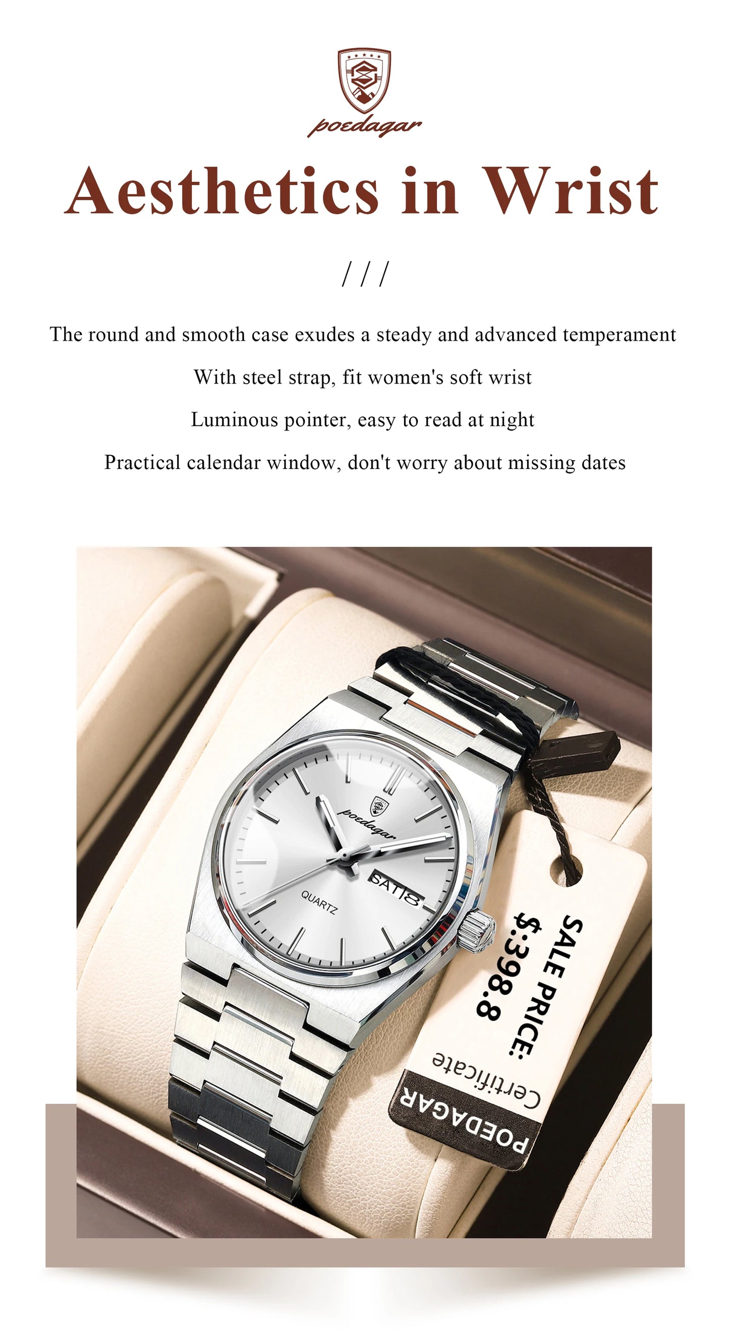 POEDAGAR Original New Woman Watch Stainless Steel Waterproof Luminous Ladies Wristwatch Date Week Elegant Quartz Women's Watches