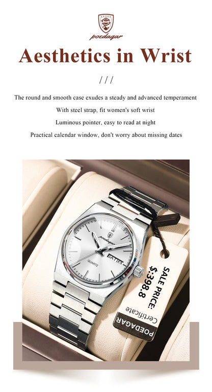 POEDAGAR Original New Woman Watch Stainless Steel Waterproof Luminous Ladies Wristwatch Date Week Elegant Quartz Women's Watches