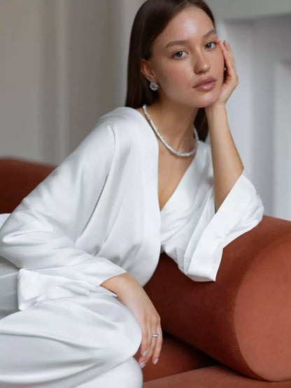 Mozuleva Solid Color Long Sleeved Pants Pajama 2-Piece Set Women's Autumn Winter Lace Up Nightgown Comfortable Home Clothing