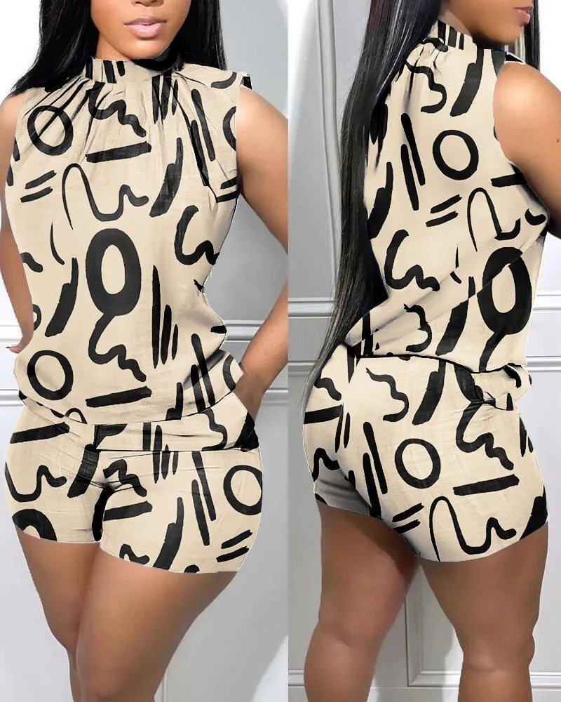Summer New Street Trendy Women's Polyester Sexy Sleeveless Fashion Print Casual Round Neck 3/4 Shorts Sleeveless Comfortable Set