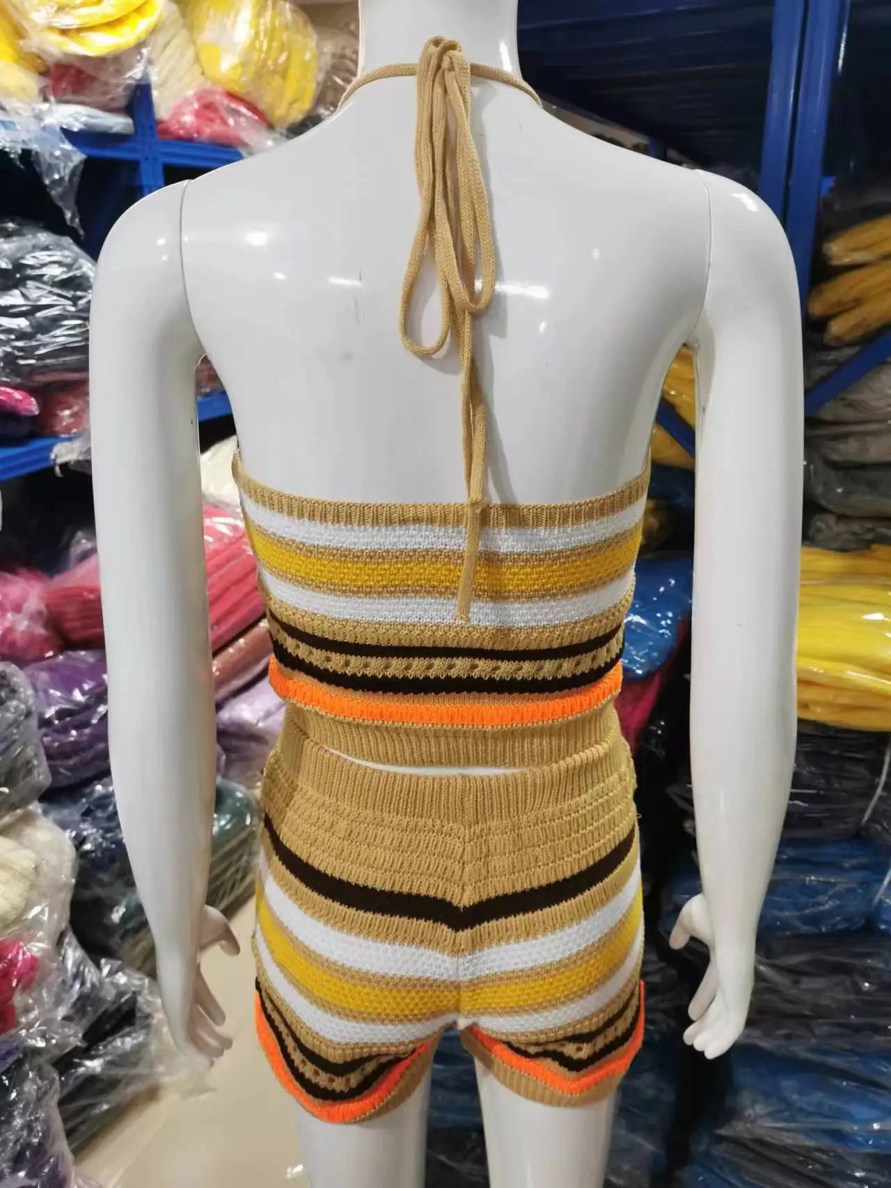 Striped Hollow Out Top & Drawstring Shorts Set Women Two Piece Set Y2k Club Beach Vest Halter Tops Elastic Waist Summer 2025