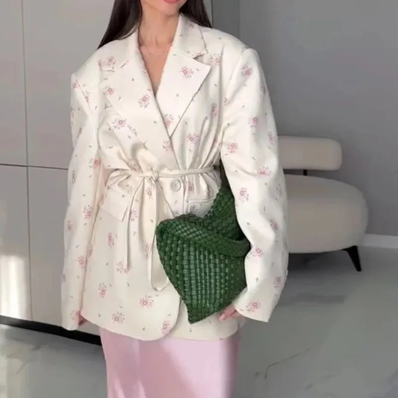 Women's Flower Printed Loose Suit 2025 Spring/Summer New Fashion Collar Belted Waist - Cinching Suit Jacket