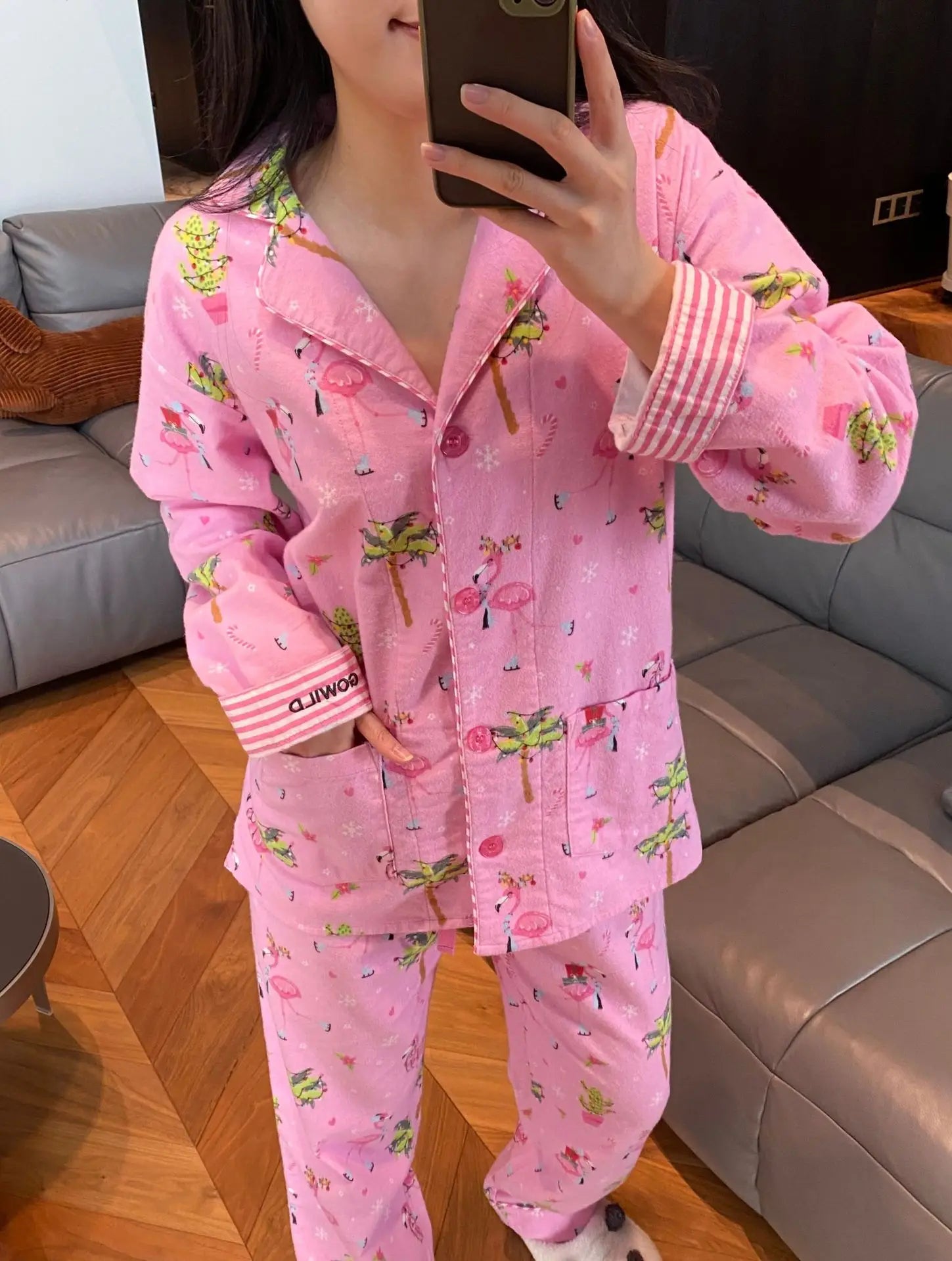 Women's Print Cotton Pajama Set Long Sleeve Autumn Winter Ladies Sleepwear 2 Pcs with Pant Single Breasted Pijama Suit Female