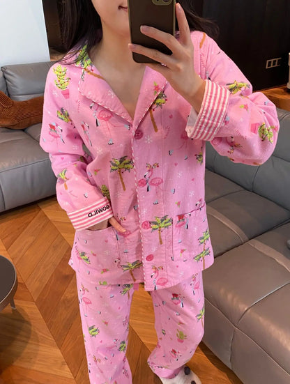 Women's Print Cotton Pajama Set Long Sleeve Autumn Winter Ladies Sleepwear 2 Pcs with Pant Single Breasted Pijama Suit Female