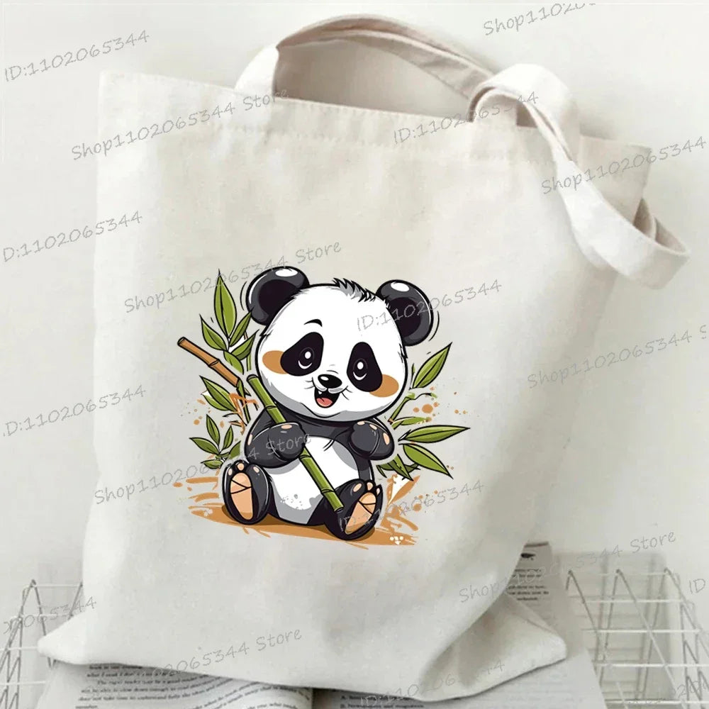 Canvas Bag for Women Cartoon Panda Printed Shopper Handbags Storage Reusable Canvas Shoulder Bag China Panda Female Tote Bag 10
