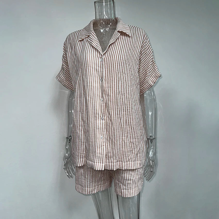 Hiloc Elegant Cotton Stripe Shorts Suits Pajamas Summer Short Sleeve Blouse With Elastic Waist Shorts 2 Piece Sets Home Outfits