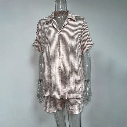 Hiloc Elegant Cotton Stripe Shorts Suits Pajamas Summer Short Sleeve Blouse With Elastic Waist Shorts 2 Piece Sets Home Outfits