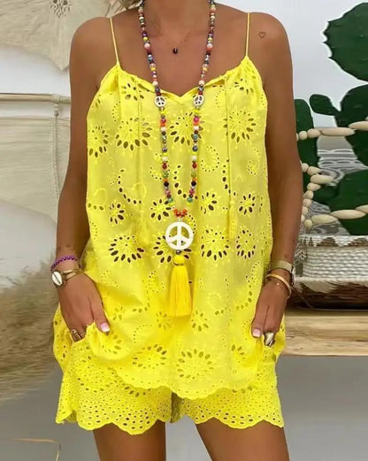 Women's Cotton Linen Sleeveless 2-Piece Set Hollow Embroidery Ruffled Camisole Tassel Vest Drawstring Shorts Printed Casual Set