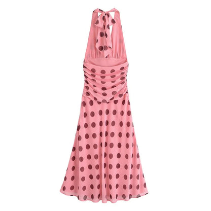 Trendix Pink Print Pleated Maxi Dress Women's Summer V Neck Sexy Backless Vintage Long Dresses 2025 Fall New Party Elegant Dress