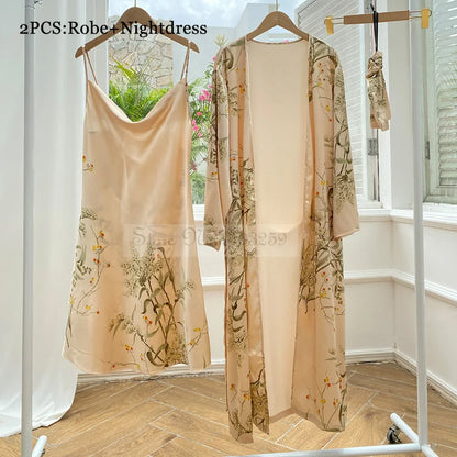 Four Pieces Pajamas Set Printed Little Cherry Sleepwear Women Satin Nightgown With Suspender Sling&Shorts Summer Home Clothes Champagne Cherry B