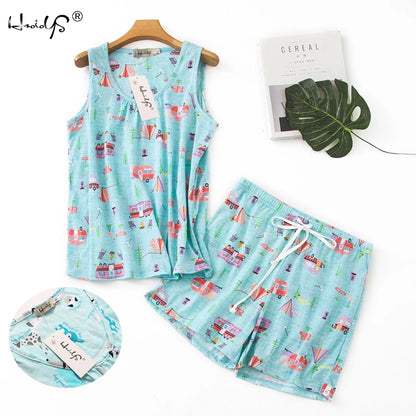 Hzioiys Summer Pajamas Sets Cotton Sleepwear Suit Women Casual Pajama Sets Cartoon Vest Shirt + Shorts Pajamas Suit Plus Size