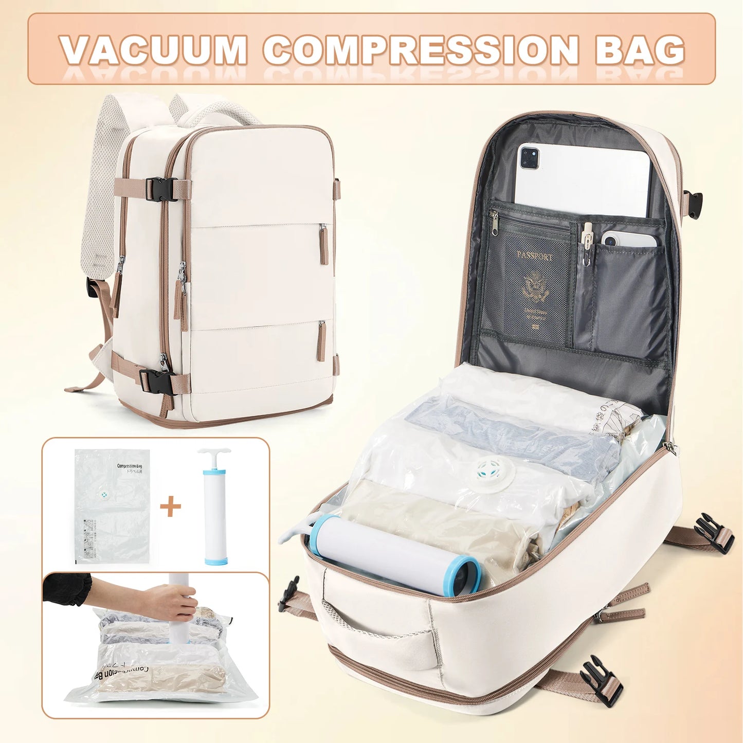 Ryanair 40x25x20 Travel Backpack Large Capacity Foldable Hiking Bag with Vacuum Bags Manual Compression Pump, Storage Backpack Beige