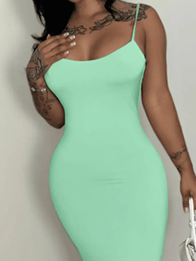 Summer Green Dress Women Streetwear Round Neck Suspender Solid Color Sexy Outfits Party Club Sundress Birthday Dresses Clothes Badiee Stylez