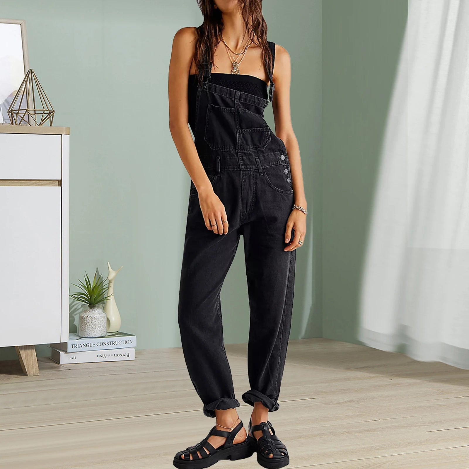2023 Summer Black Jumpsuit Women Loose Dungarees Overalls Wide Leg Women Long Jumpsuit Ladies Overalls For Women