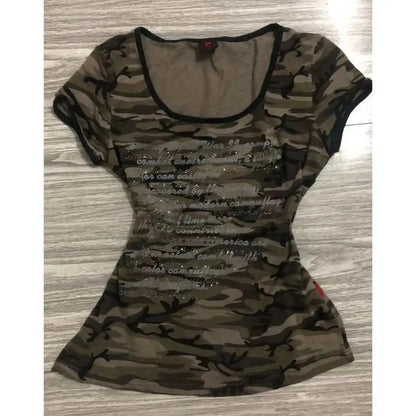 Summer Short Sleeve Tshirts Fashion Camouflage Print Stretch Slim Fit O-neck Casual Top Women 2025 New Vintage Y2k Punk Tee camouflage