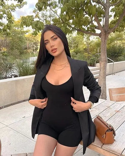 Women Workout Seamless Jumpsuit Yoga Ribbed Bodycon One Piece Spaghetti Strap Shorts Romper