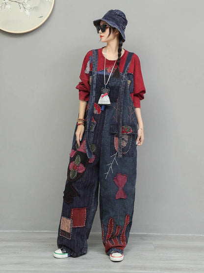Hand Embroidery Old Cloth Patchwork Wide Leg Strap Long Pants Women Autumn Loose High Waist Jumpsuit LX4343 Badiee Stylez