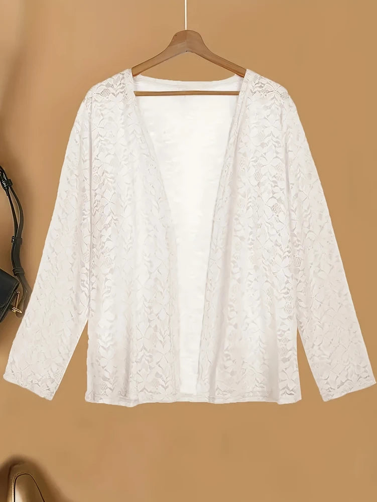 Plus Size 2025 Spring New Women's Elegant Camellia Long Sleeve Lace Cardigan Thin Transparent Jacket