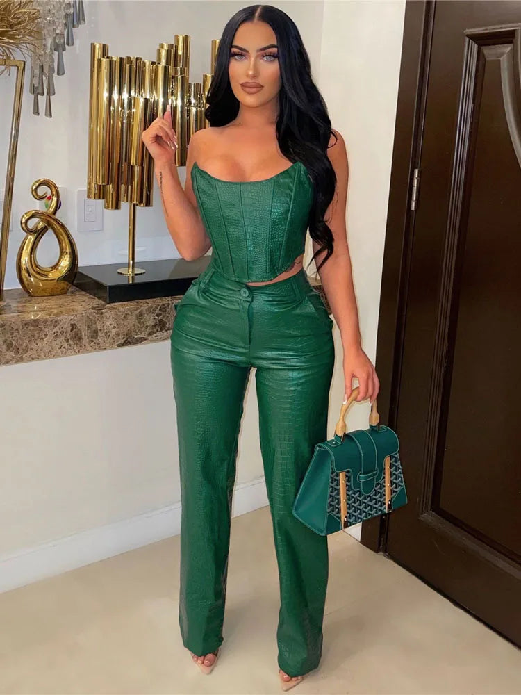 HBLL Women's Green Corset Cut-Out Cargo Sexy Sleeveless Jumpsuits PU Leather Matching Set Sexy Clubwear 2 Piece Outfits green